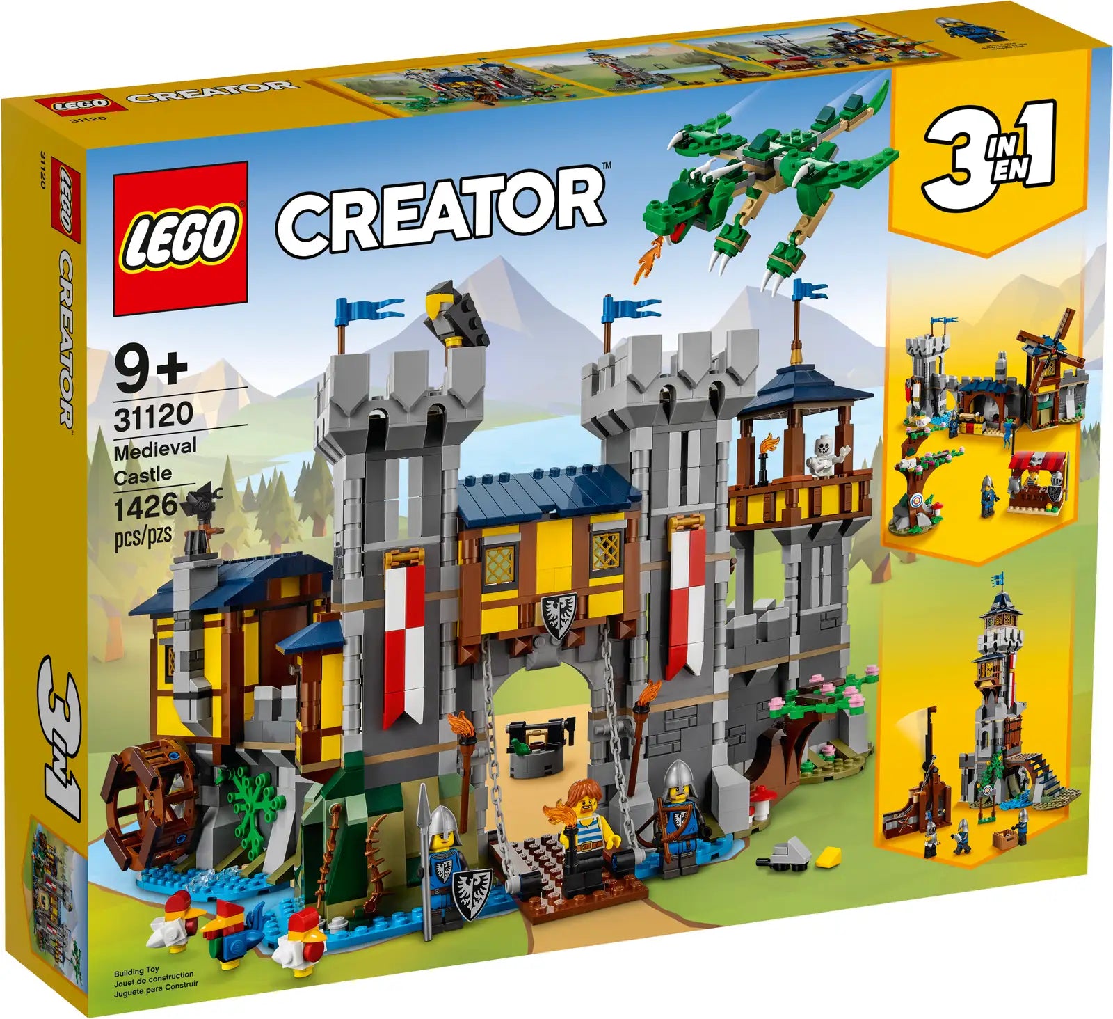 The LEGO® Creator Medieval Castle set by Legos - Toyhouse (31120) is designed for ages 9+ and will captivate creative kids with its versatile build options. Featuring a castle with knights, a dragon, and three different build possibilities displayed on the front of the box, this medieval toy set includes 1426 pieces that offer hours of imaginative play.