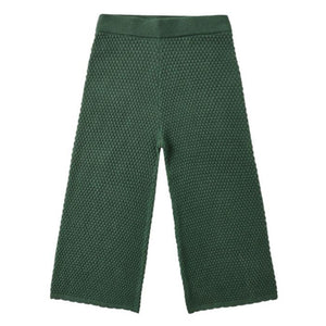 The Rylee & Cru Girls' Knit Wide Leg Pant features a textured pattern, ribbed waistband, cropped length, and a scalloped hem, shown laid flat against a white background.