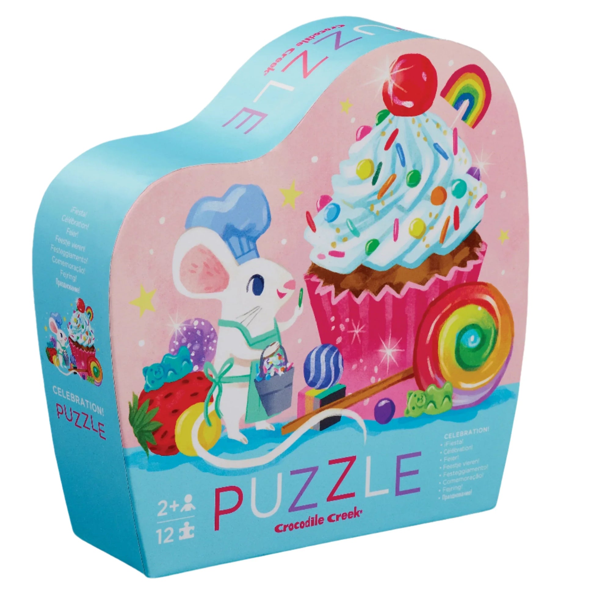 The Celebration! 12 Piece Mini Puzzle by Crocodile Creek features a cheerful chef mouse in a cupcake box, adorned with candy, fruit, and sprinkles. This colorful jigsaw puzzle is perfect for ages 2 and up—a delightful celebration of fun!.