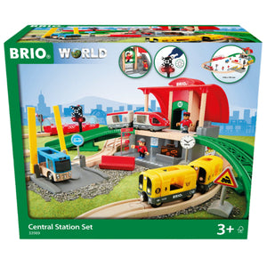 The BRIO World Train Set Central Station Set by Brio comes with a vibrant central station, trains, wooden tracks, and various railway accessories. It is suitable for children aged 3 and up.