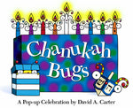 The vibrant book cover titled "Chanukah Bugs," presented by Simon & Schuster, showcases cartoon bugs and menorah candles and is authored by David A. Carter. This holiday pop-up edition delightfully features a playful Dreidel Bug, adding an extra touch of festive charm.