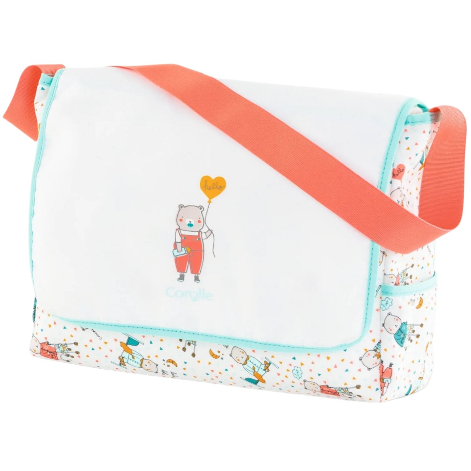 This delightful Corolle Baby Doll Changing Bag + Accessories highlights an orange strap and a playful cartoon pig design set against a vibrant confetti-patterned white background, making it a perfect piece for adding whimsical charm to your baby doll adventures.