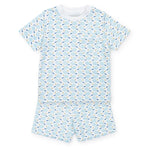 A Lila & Hayes Boys' Charles Short Set with a blue and white pattern, made of Pima cotton.