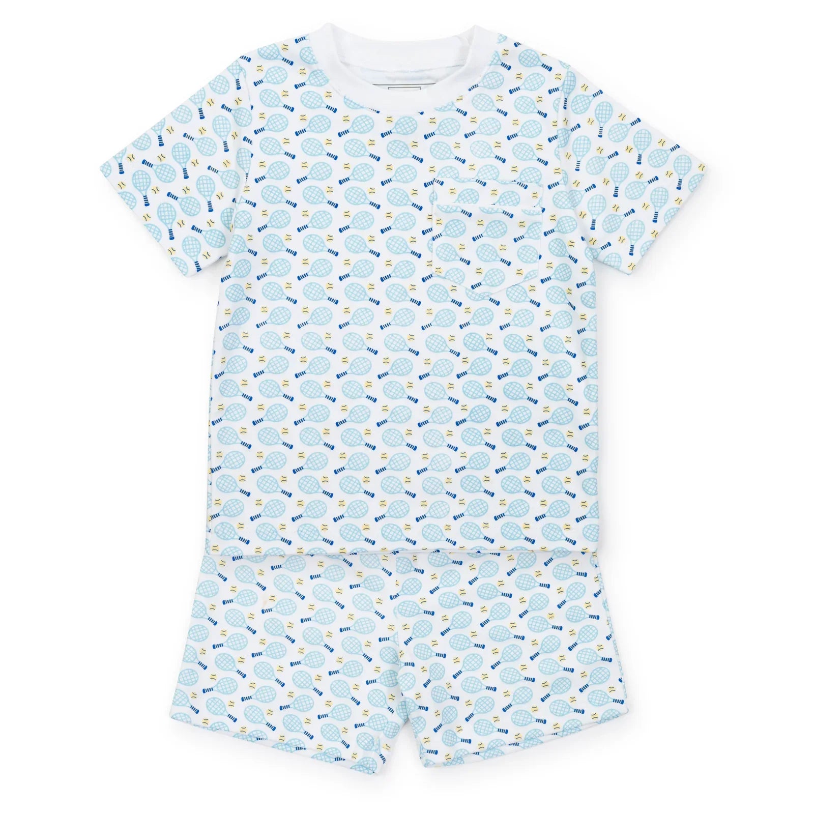 A Lila & Hayes Boys' Charles Short Set with a blue and white pattern, made of Pima cotton.