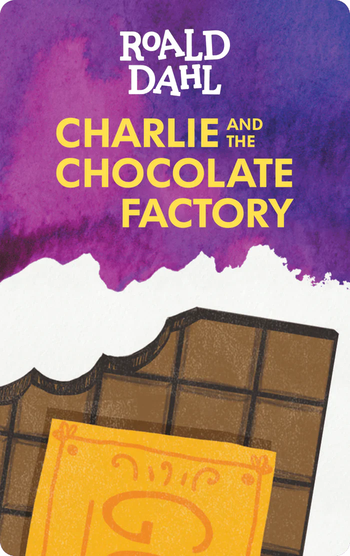 The Yoto Card for "Charlie and the Chocolate Factory" by Roald Dahl features a design embracing the whimsical essence of Willy Wonka's world, with vibrant purple and yellow hues paired with a chocolate bar illustration.