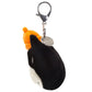 Jellycat Bag Charm by Jellycat featuring a plush penguin adorned with an orange hat, crafted from soft textured fur in black and white, and equipped with a silver claw clip keyring.