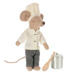 The Maileg Chef Mouse w. Soup Pot and Spoon by Maileg features a plush chef mouse dressed in a tiny chef outfit, standing beside a small pot and wooden spoon, making it the perfect addition to any playset or kitchen collection.