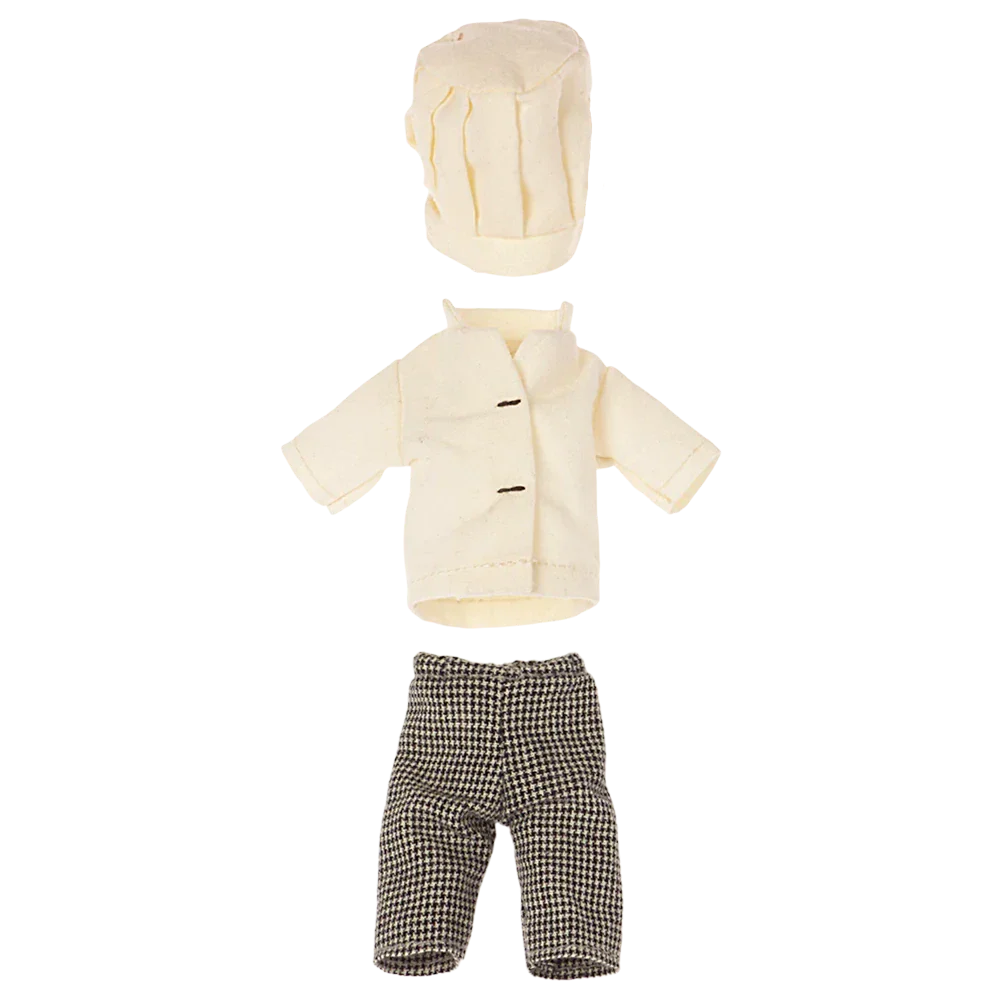 A delightful addition to any kitchen collection or playset, the Maileg Chef Mouse with Soup Pot and Spoon features a charming three-piece outfit: a white chef hat, a double-breasted jacket, and black-and-white checkered pants.