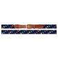 The Smathers & Branson Christmas Lights Belt features navy hand-stitching, a brown Italian leather buckle section, and a festive pattern of colorful string lights.
