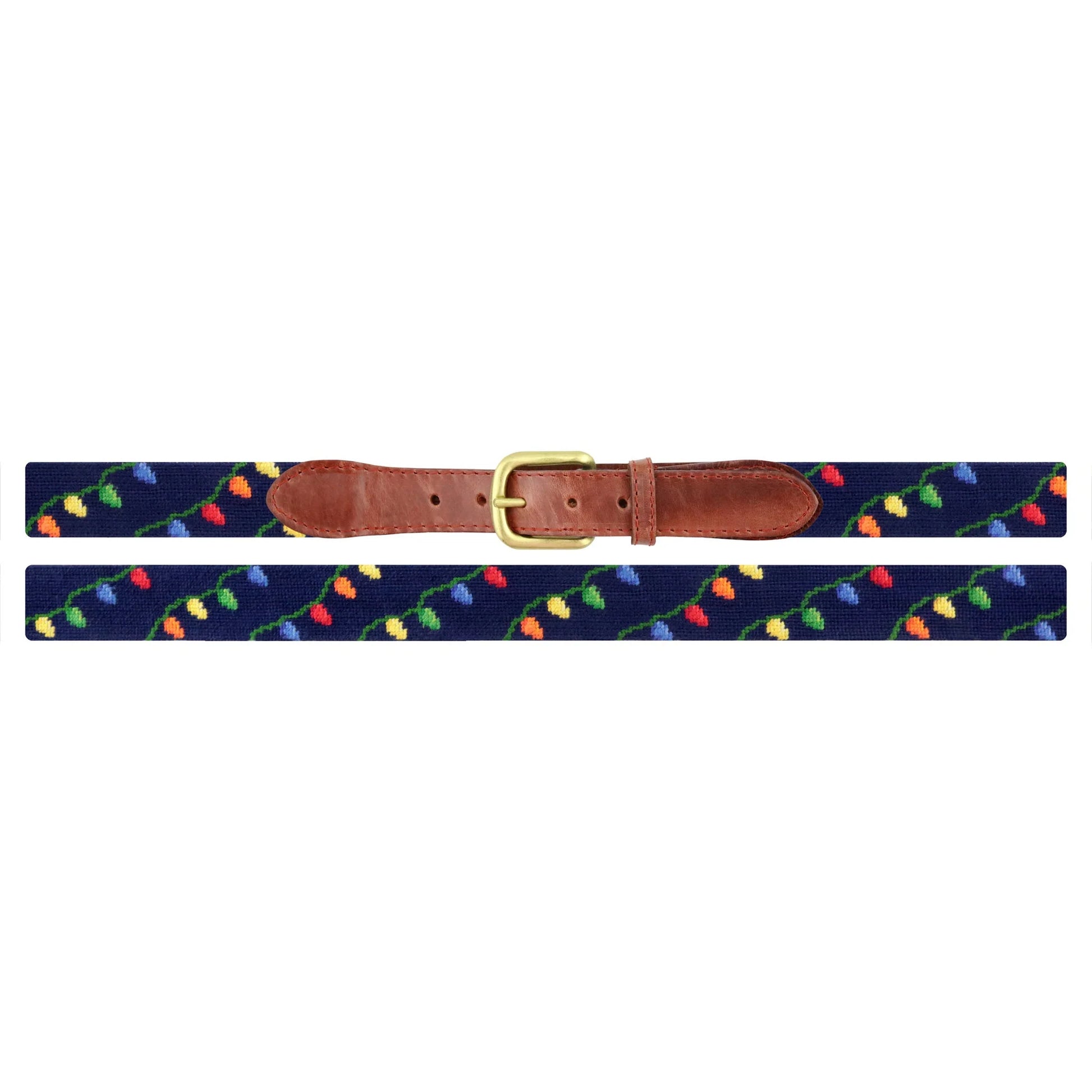The Smathers & Branson Christmas Lights Belt features navy hand-stitching, a brown Italian leather buckle section, and a festive pattern of colorful string lights.