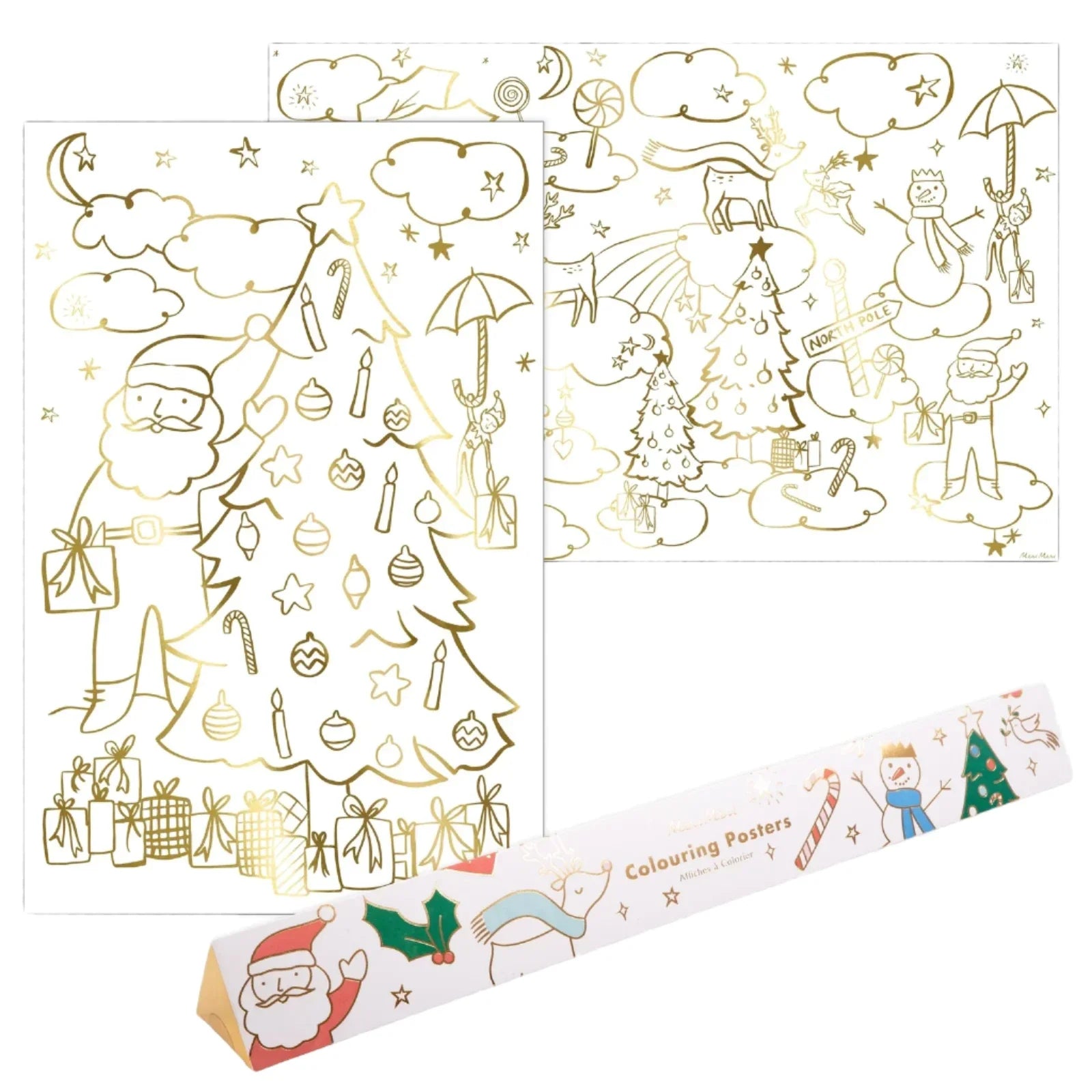 The Meri Meri Christmas Coloring Posters feature two vibrant posters with illustrations of Santa, a Christmas tree, snowman, reindeer, and various holiday elements. In the foreground is a beautifully designed packaging box by Meri Meri for the little artist, embellished with shimmering gold foil images to capture the festive spirit.