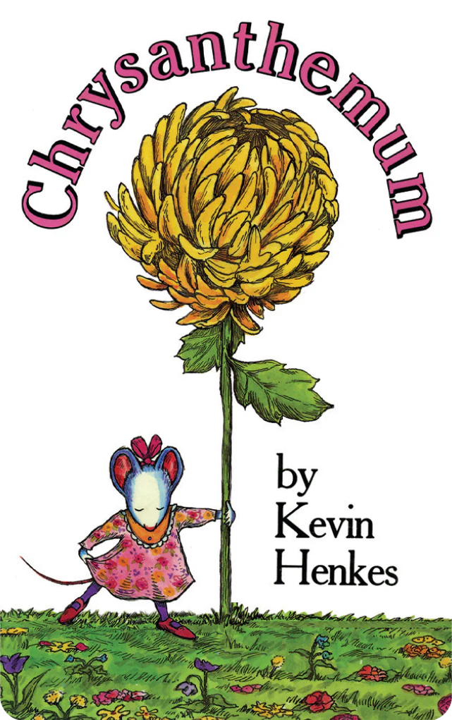 A Yoto Card featuring a mouse with a large chrysanthemum symbolizes tolerance and understanding. Titled "Chrysanthemum," it captures the essence of school life lessons, authored by Kevin Henkes under the Yoto brand.