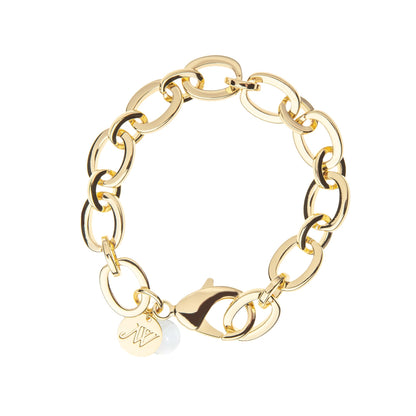 Jane Win Chunky Link Chain Bracelet with round engraved JW logo charm and lobster clasp, a bold statement accessory, shown on a white background.