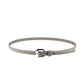 The Gloriosa Brushed Silver Buckle Belt by Gavazzeni is a thin, light gray hammered leather belt with a small silver buckle, made in Italy and shown laid flat in a circular shape.