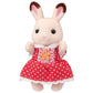 Soft plush rabbit inspired by the Chocolate Rabbit girl from Calico Critters, dressed in a red polka dot dress with lace trim and a yellow flower on the front, standing upright against a white background—ideal for fans of Calico Critters and the Red Roof Cozy Cottage series.