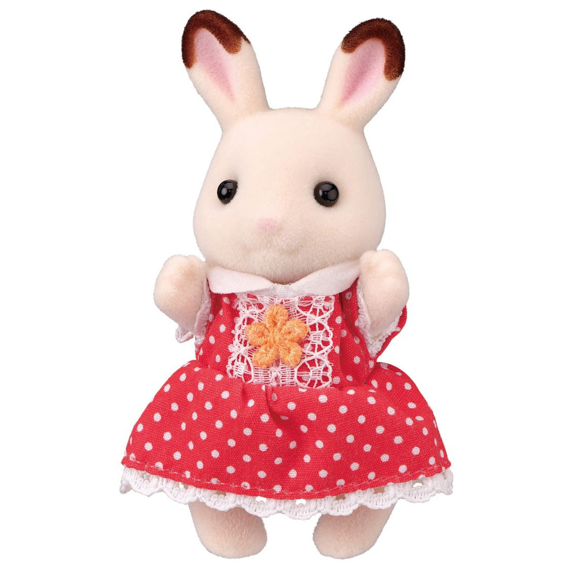Soft plush rabbit inspired by the Chocolate Rabbit girl from Calico Critters, dressed in a red polka dot dress with lace trim and a yellow flower on the front, standing upright against a white background—ideal for fans of Calico Critters and the Red Roof Cozy Cottage series.