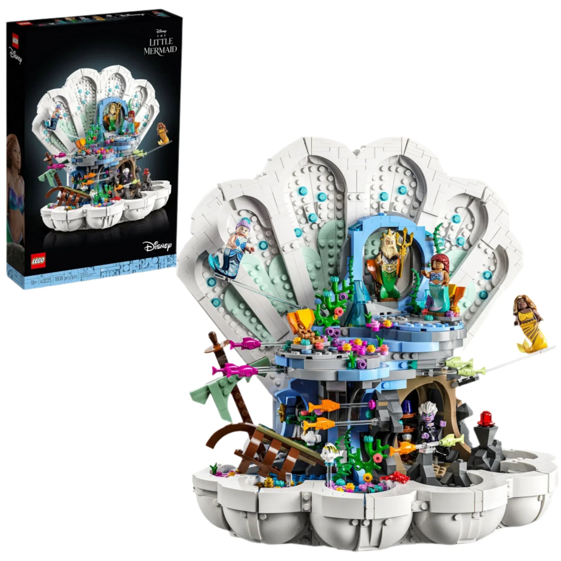 LEGO® The Little Mermaid Royal Clamshell set by Legos - Toyhouse featuring a scene from Disney’s "The Little Mermaid", complete with various characters, colorful elements, and King Triton's throne rock. The set's box is visible in the background.