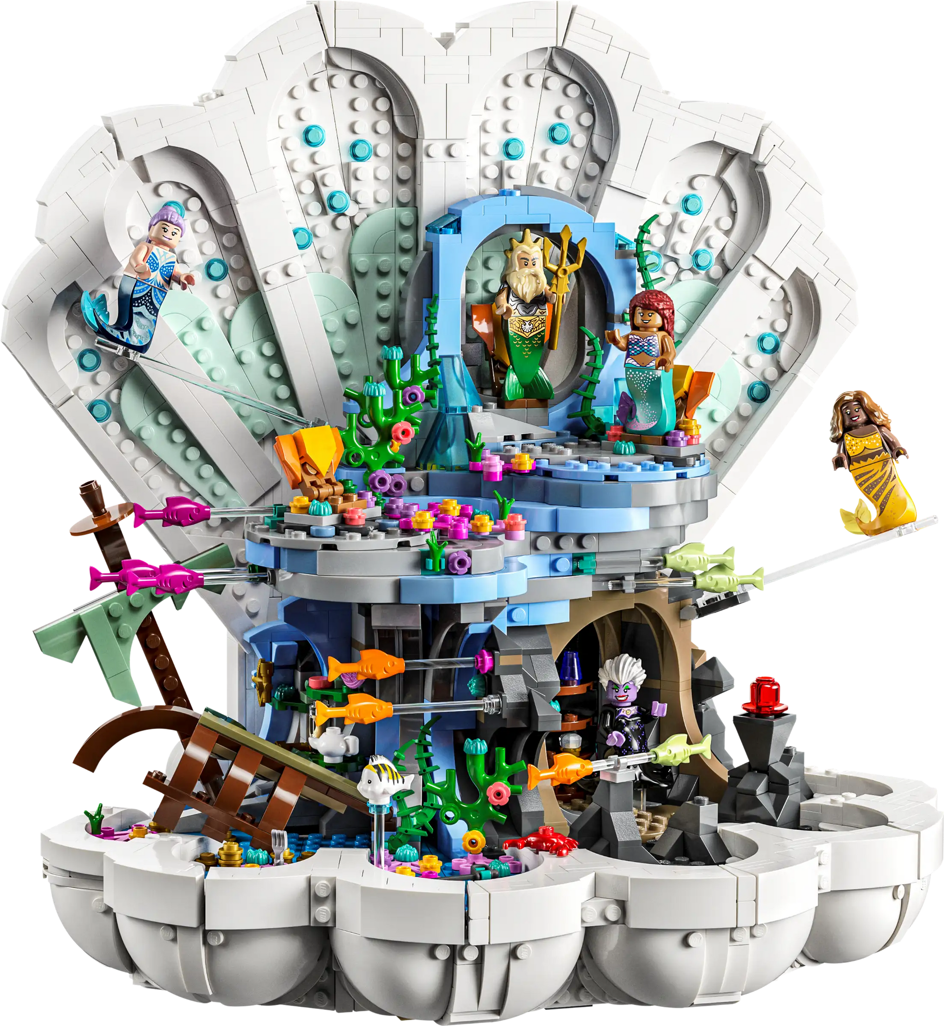 Explore the intricate LEGO® The Little Mermaid Royal Clamshell from Legos - Toyhouse, a detailed set featuring an underwater scene inside a large clam shell with various minifigures, marine animals, vibrant ocean-themed decorations, and King Triton's throne rock.