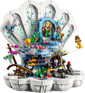 Explore the intricate LEGO® The Little Mermaid Royal Clamshell from Legos - Toyhouse, a detailed set featuring an underwater scene inside a large clam shell with various minifigures, marine animals, vibrant ocean-themed decorations, and King Triton's throne rock.