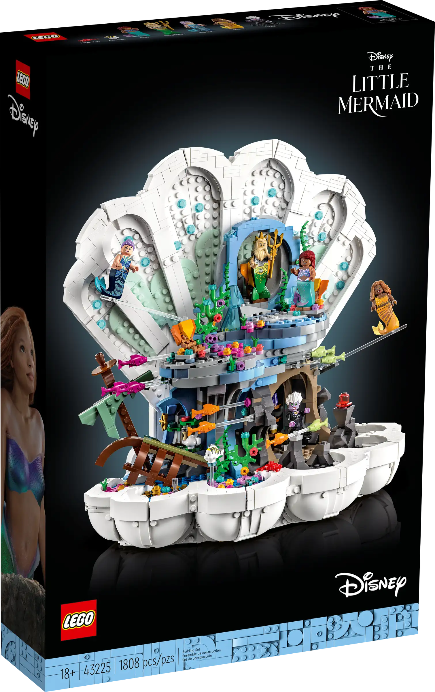 Box of the LEGO® The Little Mermaid Royal Clamshell set by Legos - Toyhouse, featuring a seashell display with miniature figures and underwater scenery, including King Triton's throne rock. The set is for ages 18+ and contains 1,808 pieces.