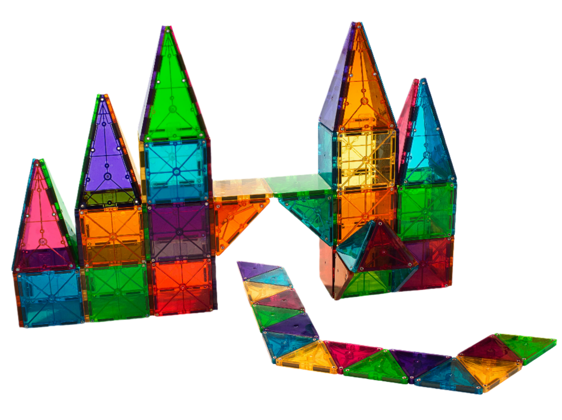 A vibrant castle-like structure made of interlocking translucent plastic shapes has been created using the MAGNA-TILES® Clear Colors 100-Piece Set by Magnatiles. The triangular and square pieces are arranged both vertically and horizontally, sparking children's creative thinking.