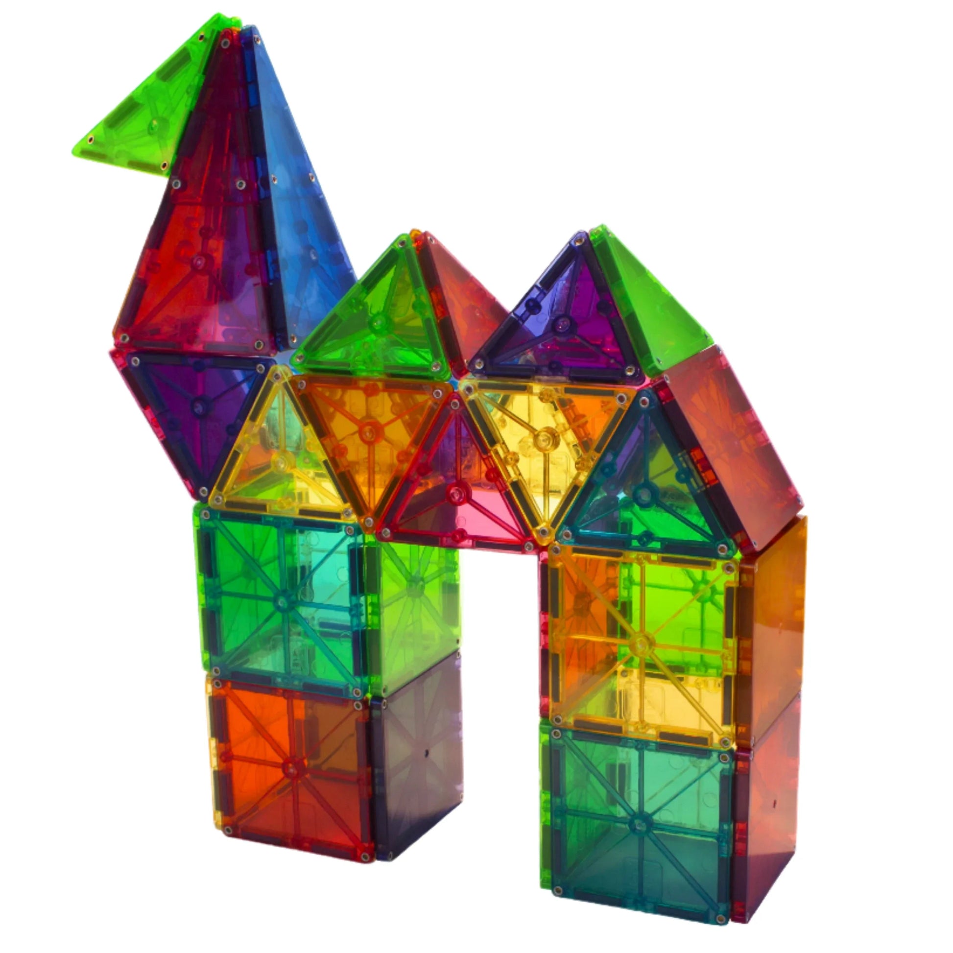 A vibrant and imaginative structure crafted from the MAGNA-TILES® Clear Colors 100-Piece Set by Magnatiles, featuring a variety of magnetic tiles in eye-catching colors like red, green, blue, yellow, and purple. This set is ideal for stimulating children's creative thinking!