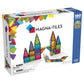 The MAGNA-TILES® Clear Colors 100-Piece Set by Magnatiles includes 100 vibrant magnetic building pieces. The set showcases structures constructed from the tiles and is suitable for ages 3 to 99, promoting creative thinking in children. Warning labels are prominently displayed on the front of the box.