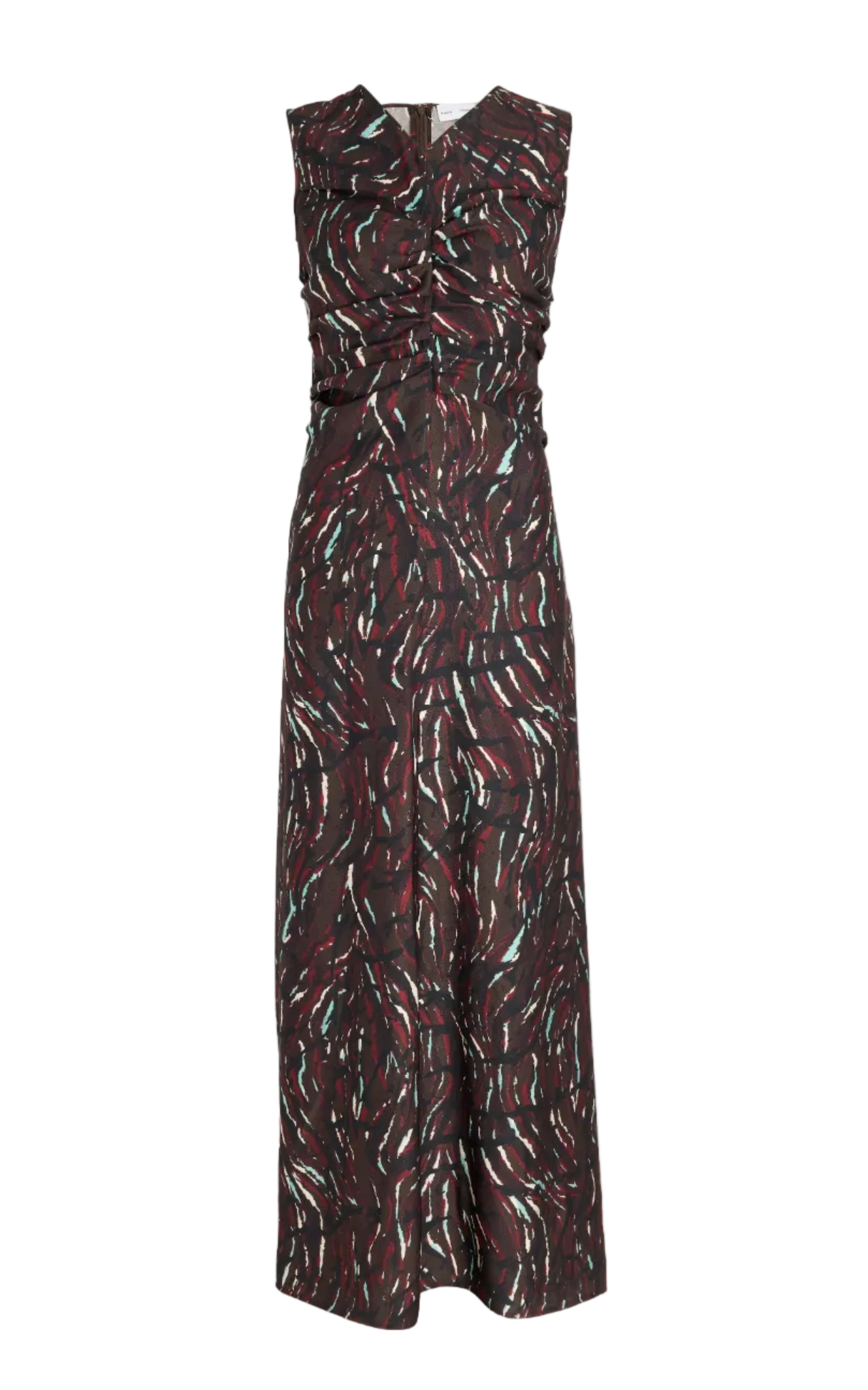 The Clem Dress by Proenza Schouler White Label is a sleeveless, full-length style crafted from printed soft twill. Featuring a black base with an abstract red, turquoise, and white pattern, the dress is designed with a fitted waist and subtle ruching at the chest.