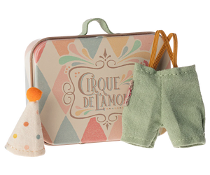 Maileg’s Clown Clothes in Suitcase for Little Brother Mouse includes a pastel metal case with whimsical party hat, clown clothes, and green overalls—perfect for imaginative play and tiny adventures.