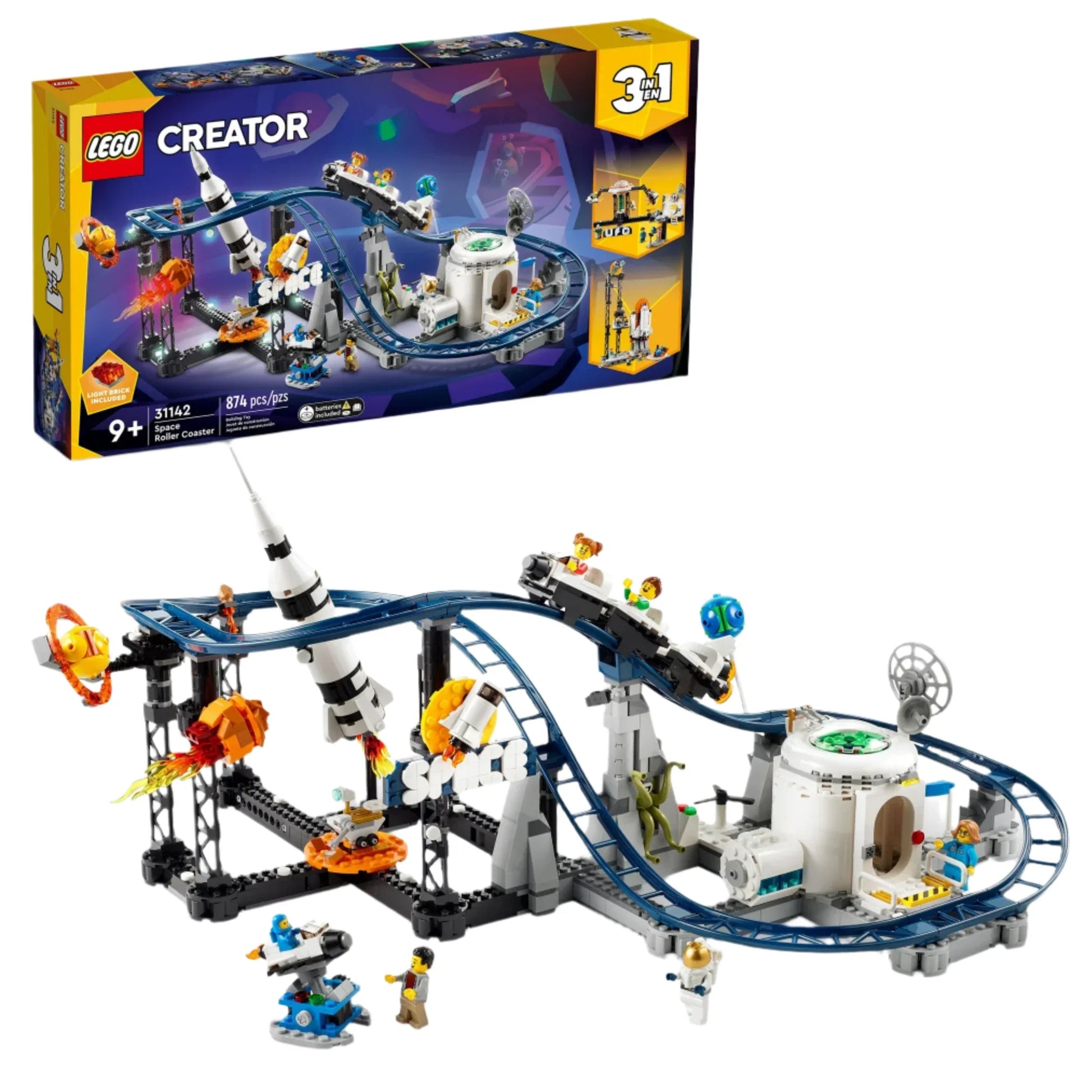 Image of the LEGO® Creator Space Roller Coaster building toy set by Legos - Toyhouse. The assembled model showcases a space-themed roller coaster with various elements, including a rocket, planet, and astronaut minifigures. Box packaging depicted.