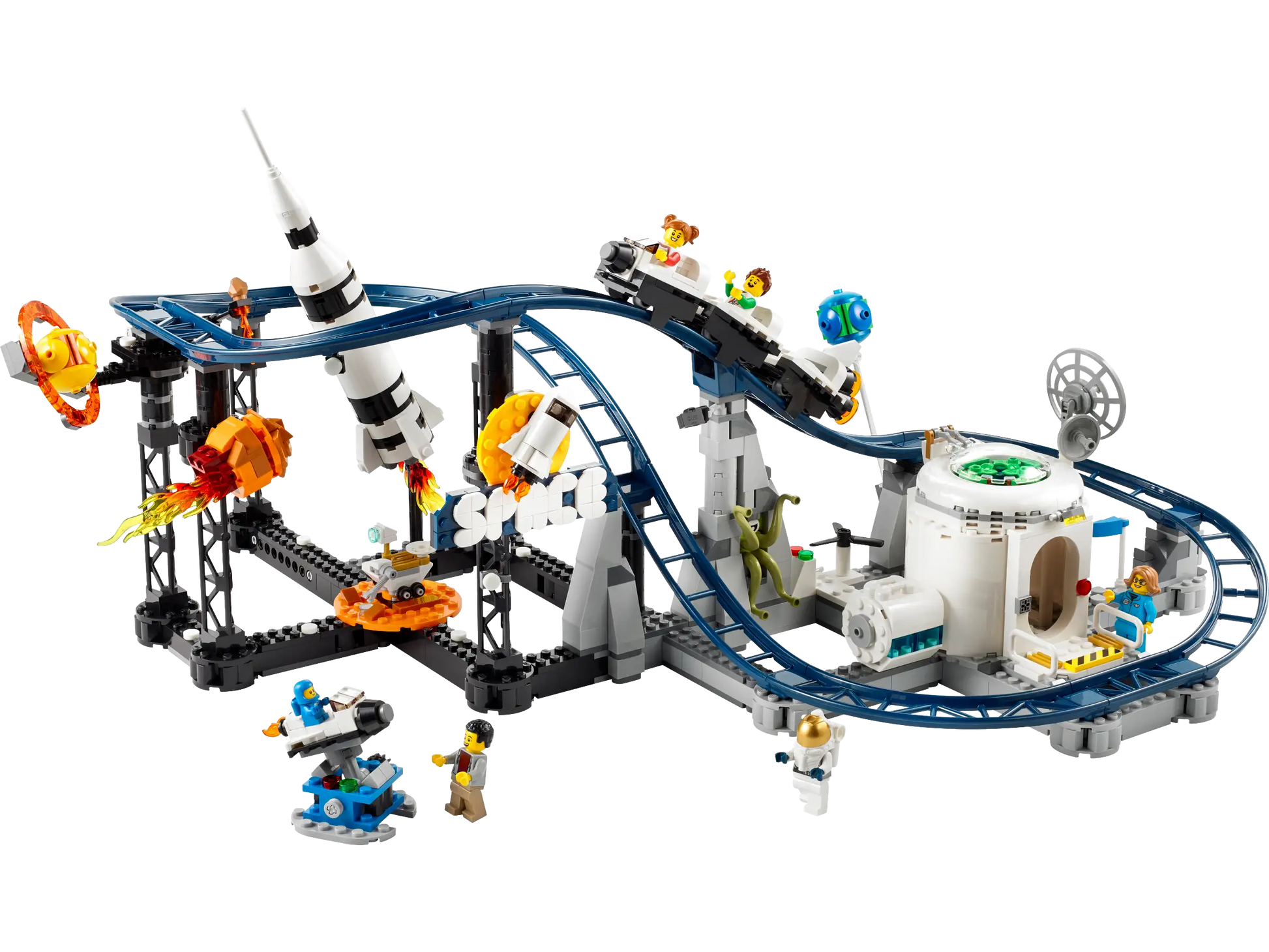 A detailed LEGO® Creator Space Roller Coaster playset by Legos - Toyhouse featuring a rocket, space station, and various astronaut minifigures on an interconnected track.