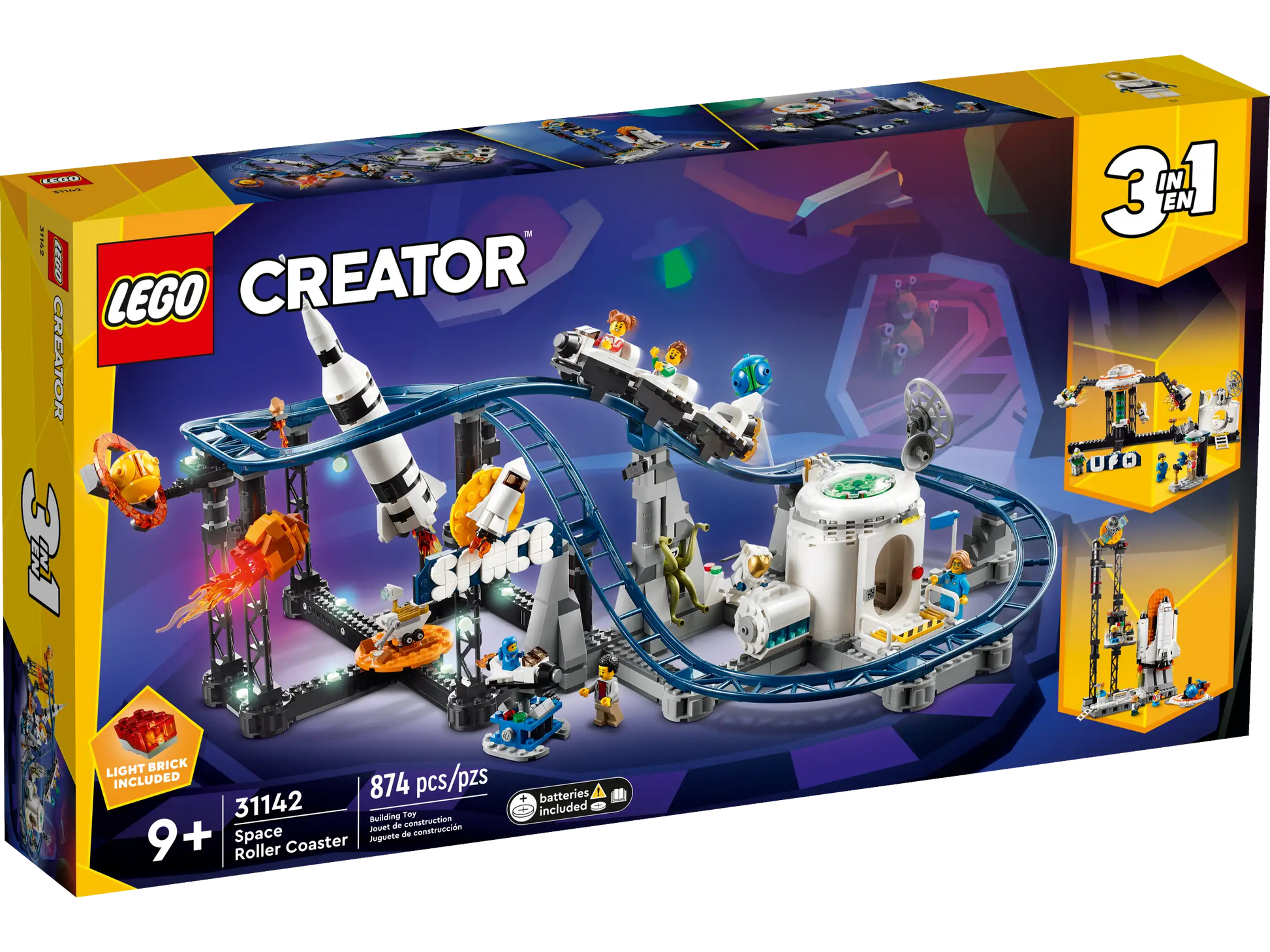 Box of LEGO® Creator Space Roller Coaster #31142, an exciting building toy set from Legos - Toyhouse featuring a space-themed roller coaster, astronaut minifigures, and additional builds. This set contains 874 pieces and is perfect for ages 9 and up.