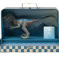 The Velociraptor Dinosaur in a Collectible Box by Coco Village is presented in a blue, checkered suitcase and comes with a small informational card inside—perfect for sparking prehistoric adventures.