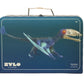 A vibrant blue illustration of a toy pterosaur adorns this blue rectangular suitcase with a handle, designed for young explorers ready for prehistoric adventures. The brand “Coco Village” and the product name “Pterosauria Dinosaur in a Collectible Box” appear in the bottom left corner, making this case an exciting addition to any dinosaur figures collection.