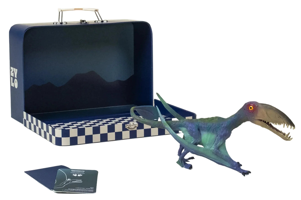A Pterosauria Dinosaur figure from Coco Village stands in front of an open checkered collectible box, with an informative card about the dinosaur placed nearby—an exciting addition for fans of collectible series and unforgettable prehistoric adventures.