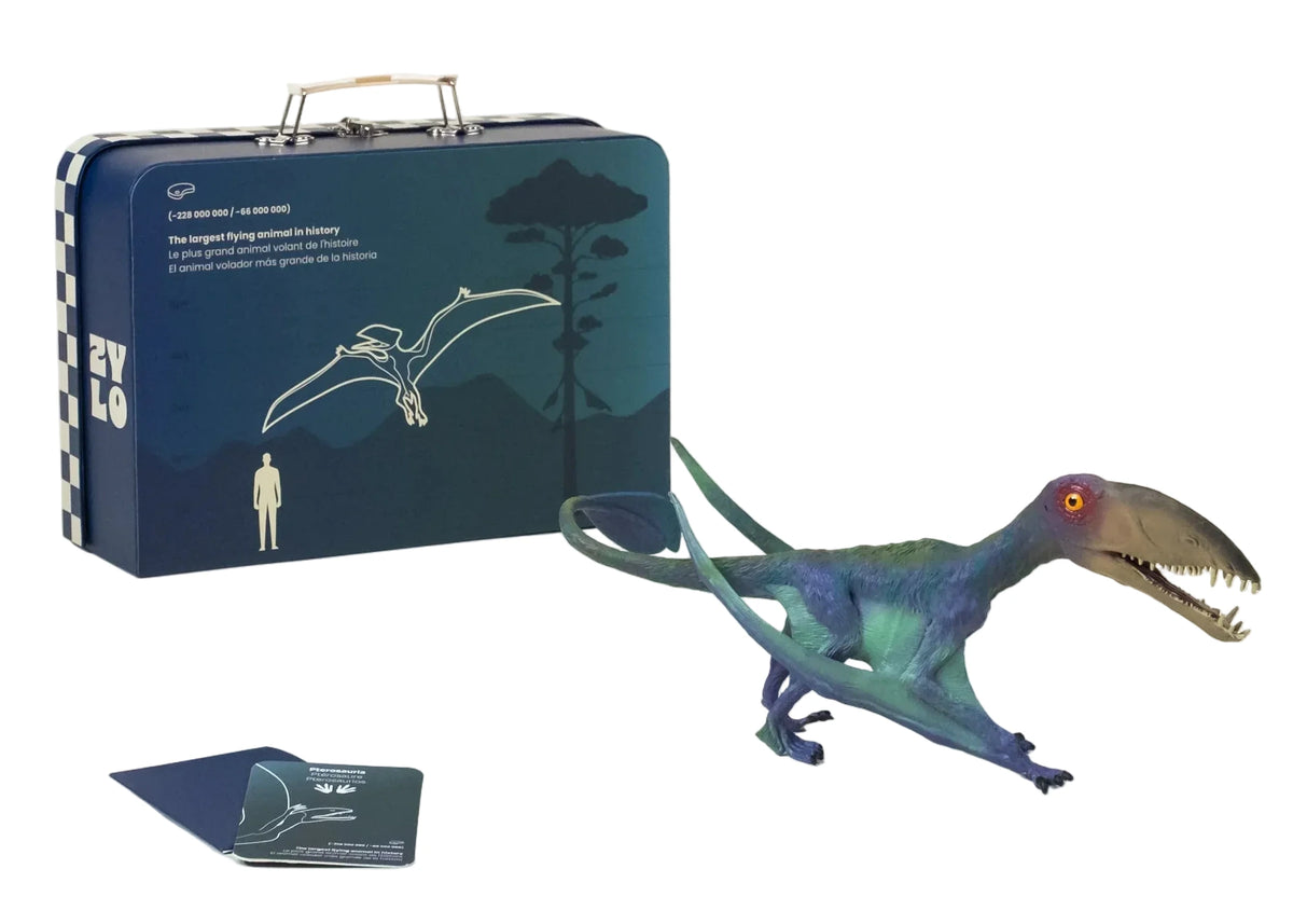 The Coco Village Pterosauria Dinosaur in a Collectible Box is showcased in front of a blue suitcase adorned with pterosaur artwork, inviting you to embark on prehistoric adventures. A small booklet is included alongside the set, making it an ideal addition to any dinosaur figures collectible series.