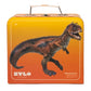 A vibrant orange lunchbox featuring a photo of the Giganotosaurus Dinosaur in a Collectible Box by Coco Village, complete with a sturdy metal handle on top—ideal for fans of dinosaur figures and prehistoric adventures.