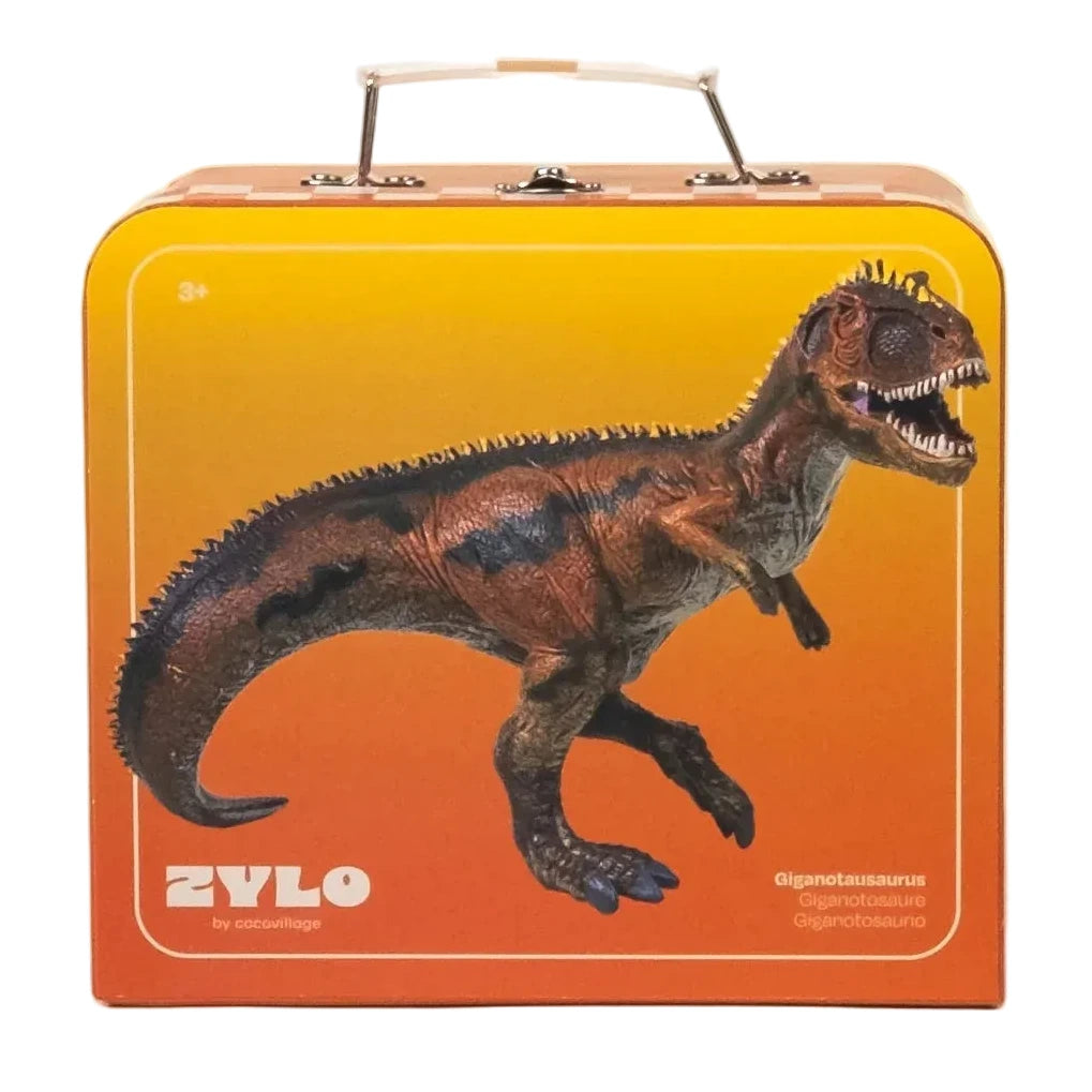 A vibrant orange lunchbox featuring a photo of the Giganotosaurus Dinosaur in a Collectible Box by Coco Village, complete with a sturdy metal handle on top—ideal for fans of dinosaur figures and prehistoric adventures.