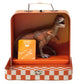 The Giganotosaurus Dinosaur in a Collectible Box by Coco Village features a detailed toy dinosaur and an orange card with a dinosaur footprint, all presented inside an open red and white checkered case with a handle—perfect for inspiring prehistoric adventures or adding to your collection of dinosaur figures.