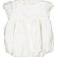 Antoinette White Silk Ceremony Baby Bubble with short sleeves, handmade smocked bubble front, and gathered waist on a plain background.