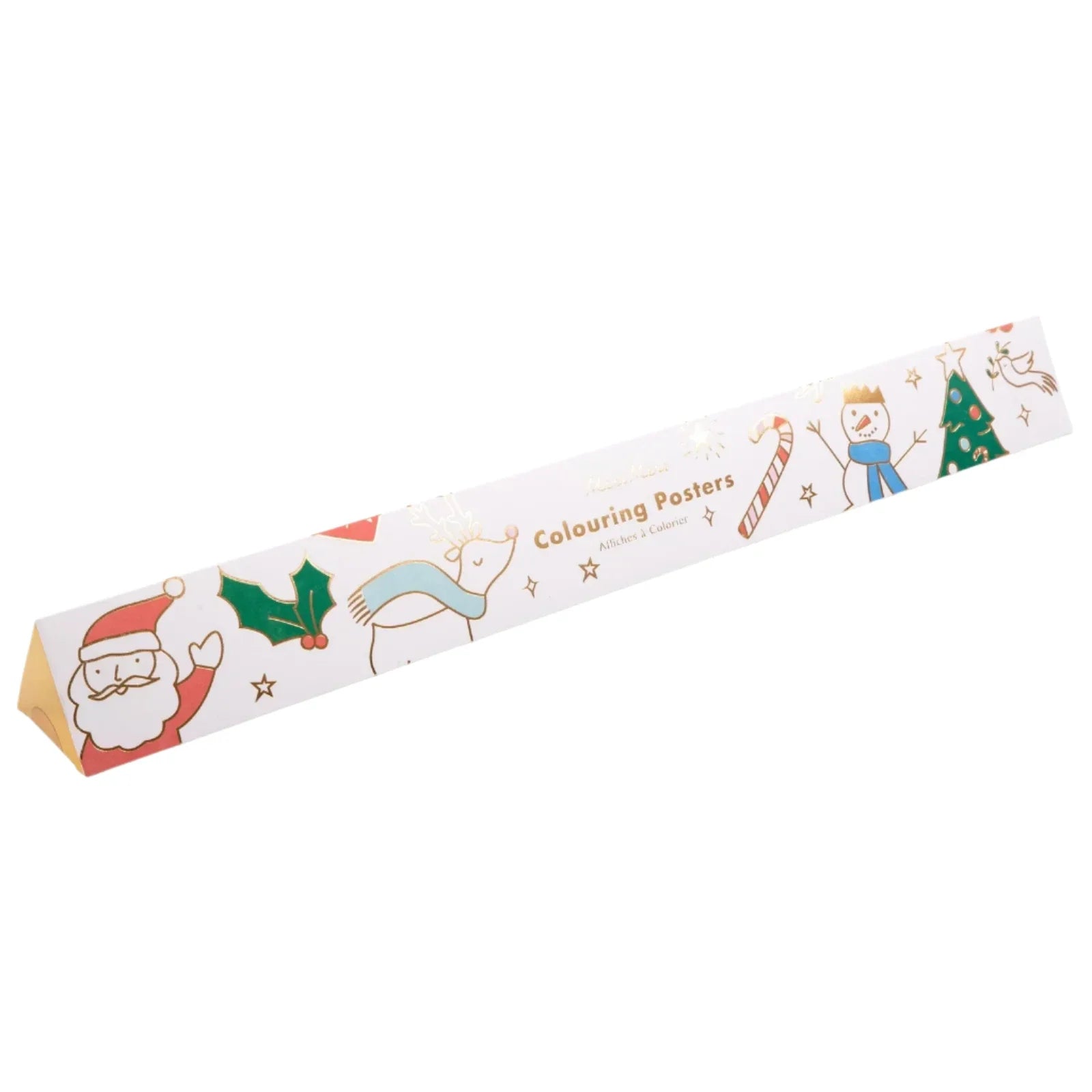 The Meri Meri Christmas Coloring Posters come in a long triangular box and feature festive illustrations of Santa, a snowman, reindeer, and holly, all adorned with gold foil images to inspire the little artist.