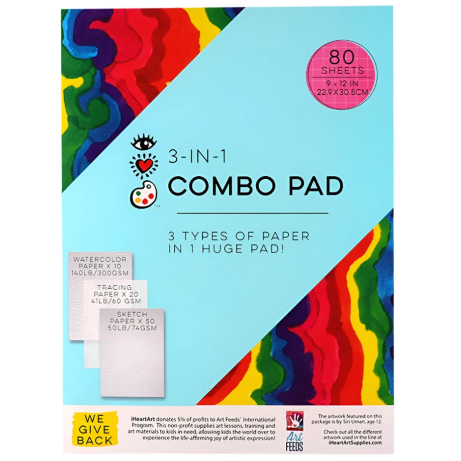 The Bright Stripes 3-in-1 Combo Pad, with vibrant packaging, includes watercolor, tracing, and sketch paper. It offers 80 sheets (9x12 inches) and features a "We Give Back" label symbolizing charitable donations.