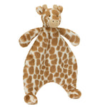 Introducing the Jellycat Bashful Giraffe Comforter by Jellycat: a delightful soft toy featuring a charming brown and beige pattern. Made from recycled fibers, this flat-bodied companion is the perfect friend for any newborn.