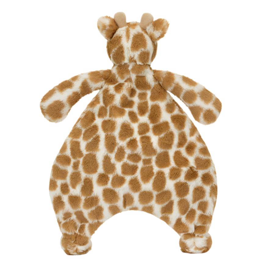 Meet the Jellycat Bashful Giraffe Comforter by Jellycat, crafted using recycled fibers for a cozy touch. Its flat body showcases a delightful spotted pattern and cute little horns, making it an ideal companion for newborns.