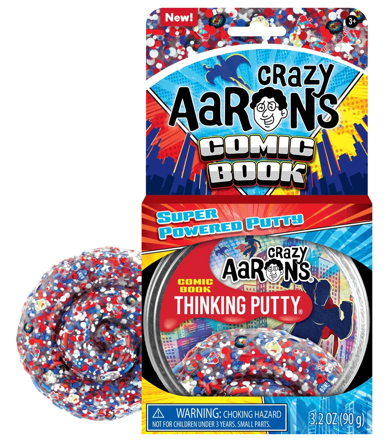 Packaged in an eye-catching tin, Crazy Aarons' Thinking Putty features a vibrant red, white, and blue confetti pattern made from non-toxic silicone. Labeled "Super Powered Putty," it provides an engaging experience perfect for sensory integration.