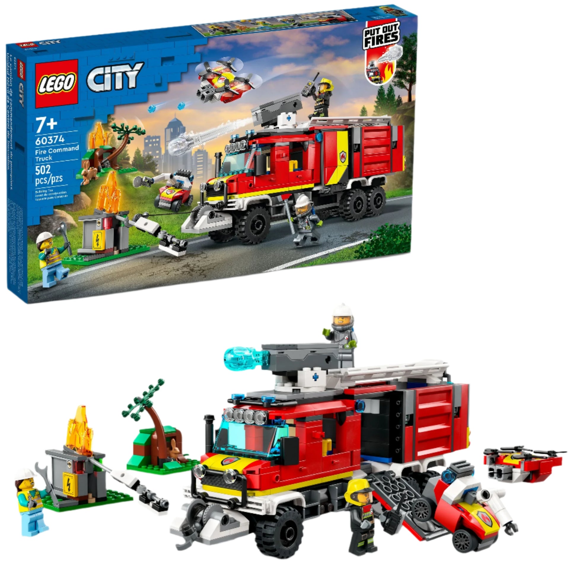 The LEGO® City Fire Command Truck from Legos - Toyhouse is packed with action, showcasing a vibrant red toy fire engine, courageous figures, a drone, and a blazing tree. This 502-piece set is perfect for ages 7 and up and includes an interactive building guide to guarantee countless hours of enjoyment.