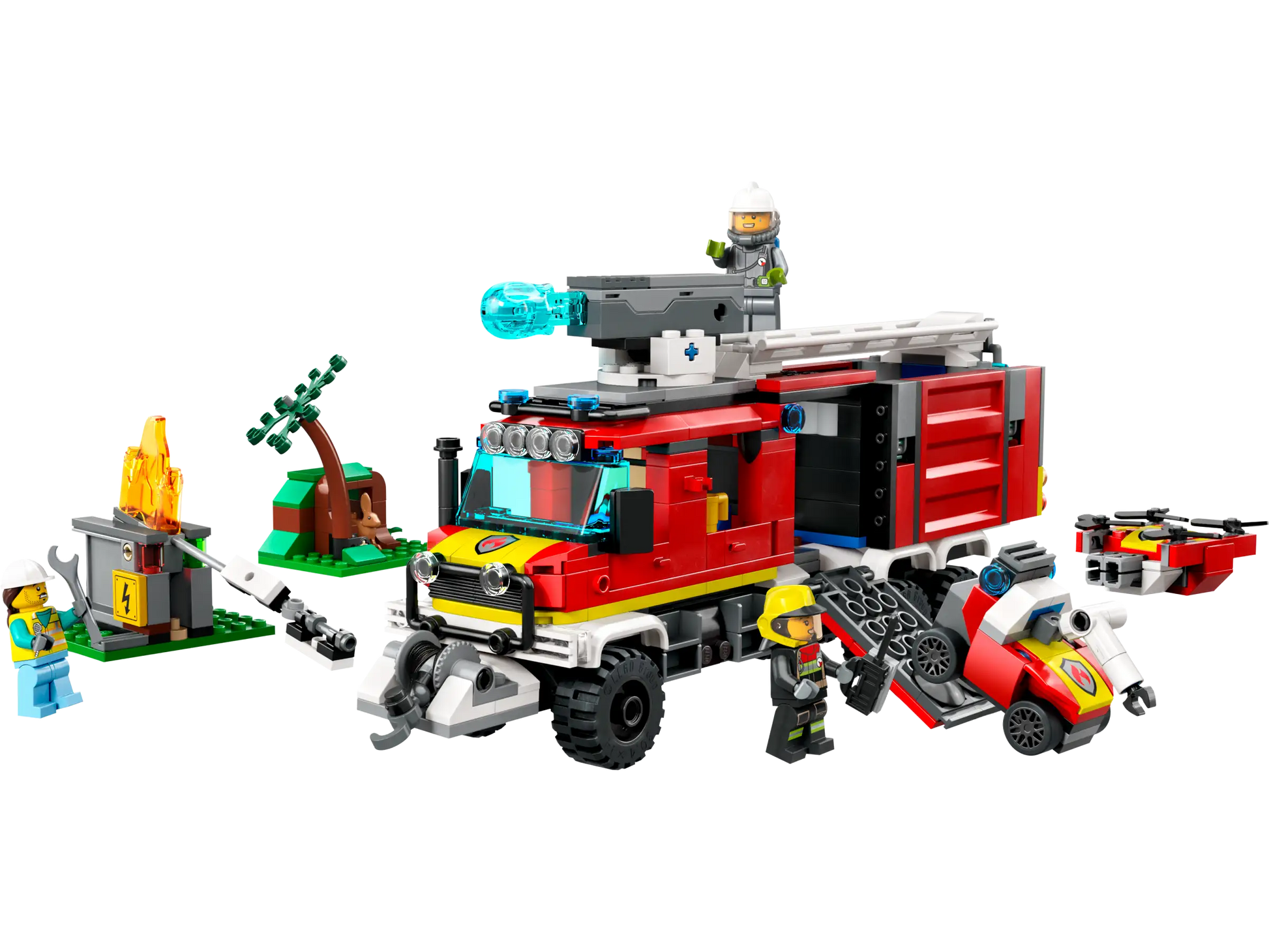 The LEGO® City Fire Command Truck by Legos - Toyhouse comes with a toy fire engine, firefighter figures, a burning tree, and a campfire scene. It includes an extinguisher and various accessories, along with an interactive building guide for extra enjoyment.