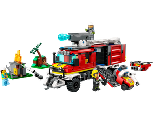 The LEGO® City Fire Command Truck by Legos - Toyhouse comes with a toy fire engine, firefighter figures, a burning tree, and a campfire scene. It includes an extinguisher and various accessories, along with an interactive building guide for extra enjoyment.