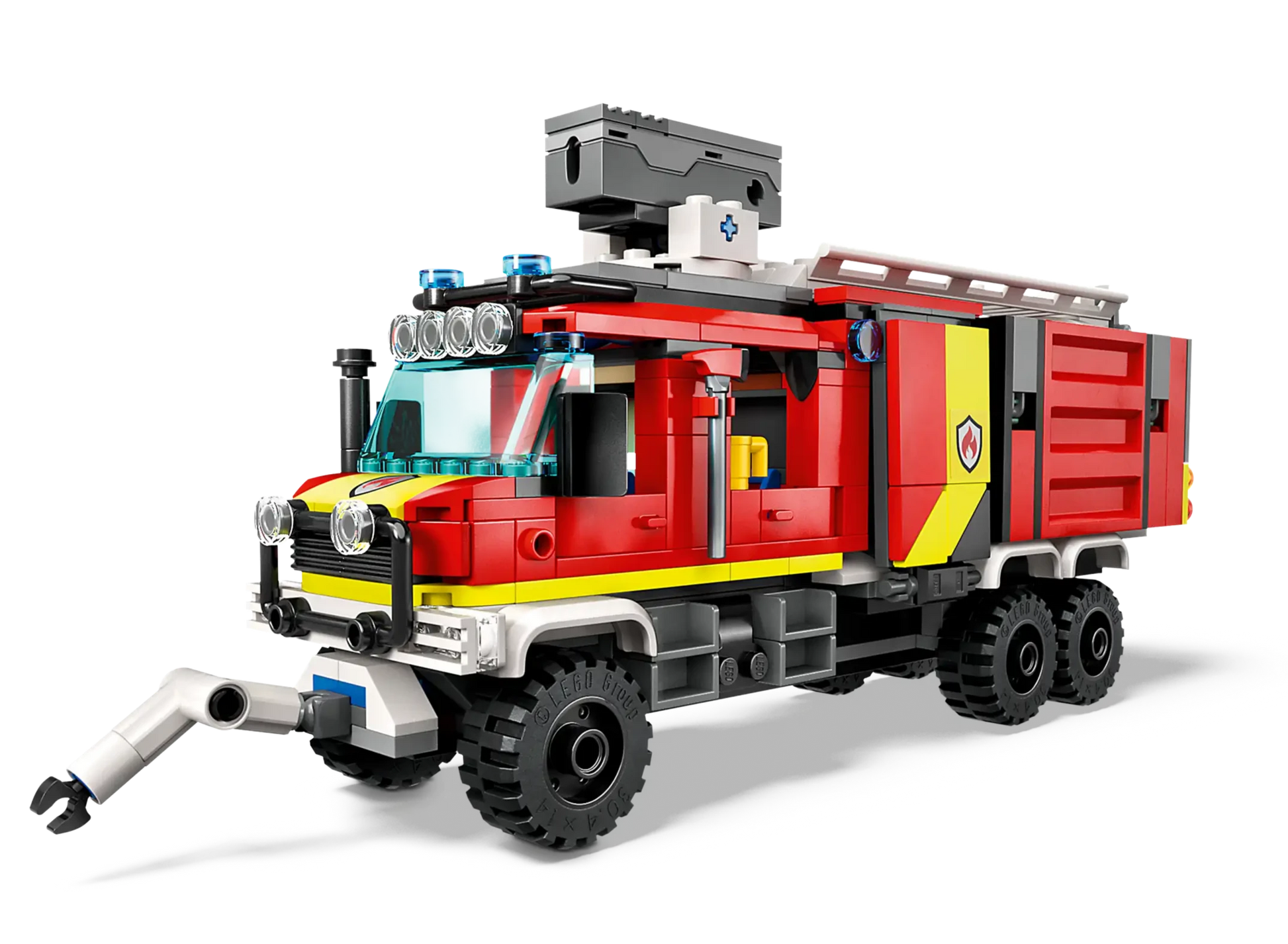 A LEGO® City Fire Command Truck by Legos - Toyhouse, showcasing a red and yellow design with building blocks, a water hose attachment, and emergency lights on top. This toy fire engine also comes with an interactive building guide for endless adventure.