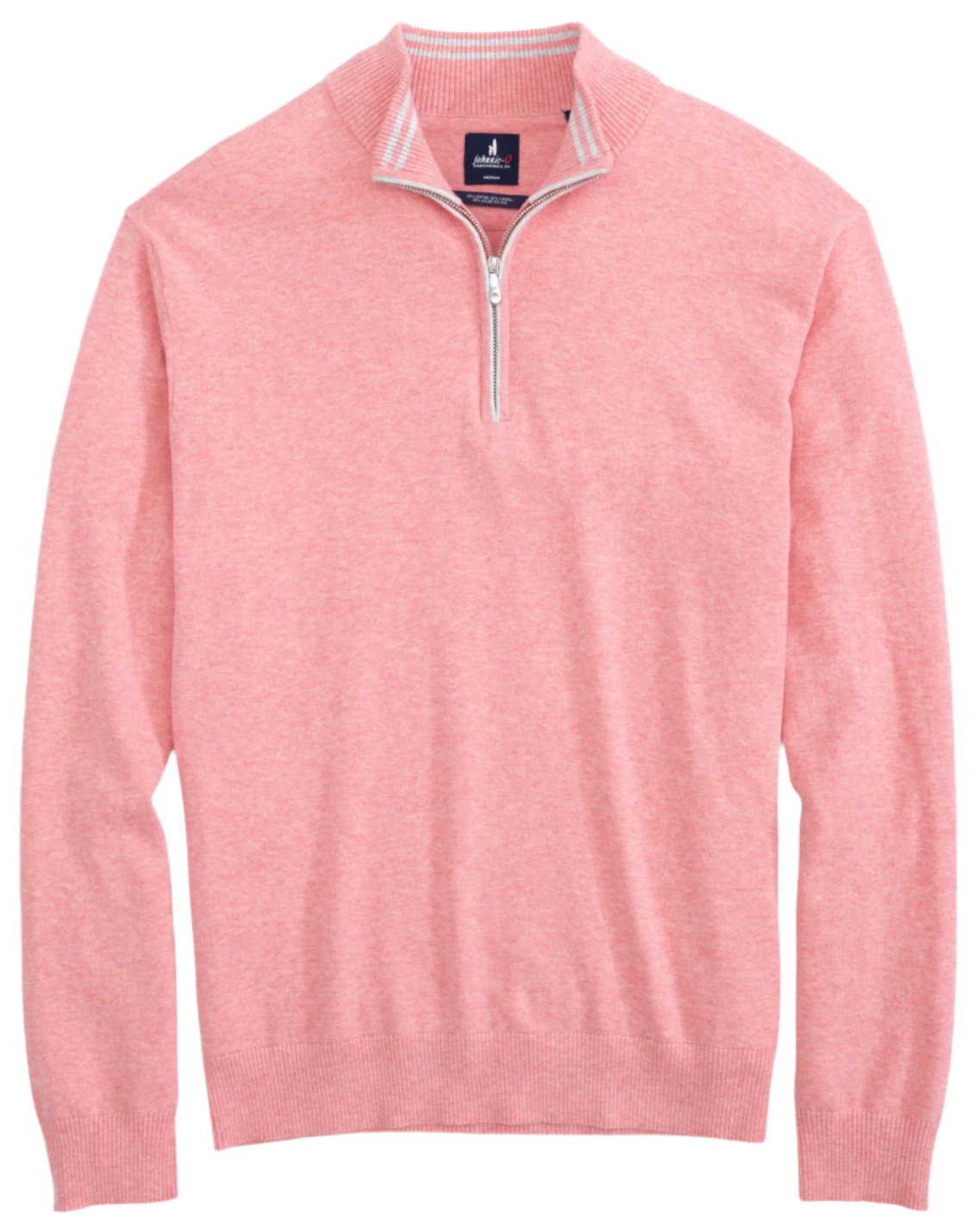 The Johnnie-O Desmond Quarter Zip, a cotton-heavy blend from Johnnie-O, is a pink sweater with plaited knits and ribbed collar, cuffs, and hem. Ideal for any season, this pullover combines style and comfort year-round.